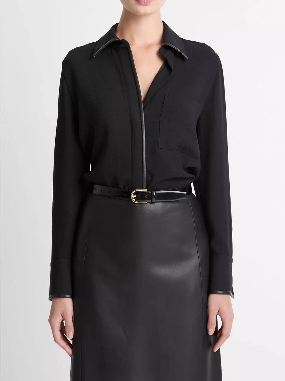 Vince Faux Leather Trim Crepe Button Front Shirt Black L